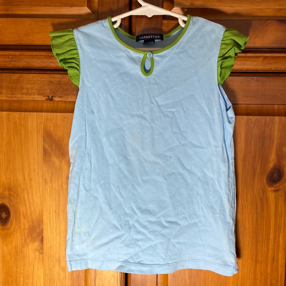 Lands’ End Girls Blue and Green Fancy Short Sleeve Shirt